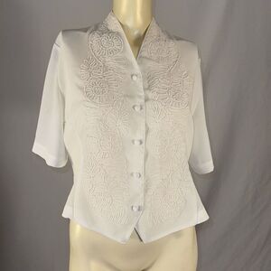 Vintage White Embroidered Beaded Chiffon Short Sleeve Button Down Blouse Size 10